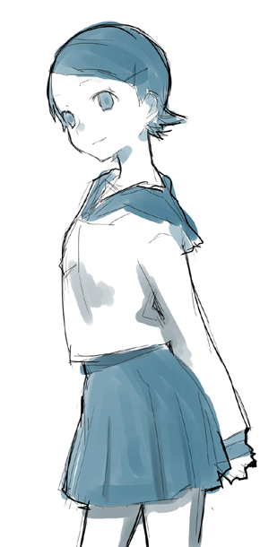 eka eri, fuura kafuka, sayonara zetsubou sensei, 00s, 1girl, aqua theme, blue theme, female focus, greyscale, monochrome, pleated skirt, school uniform, serafuku, short hair, simple background, skirt, solo, white background