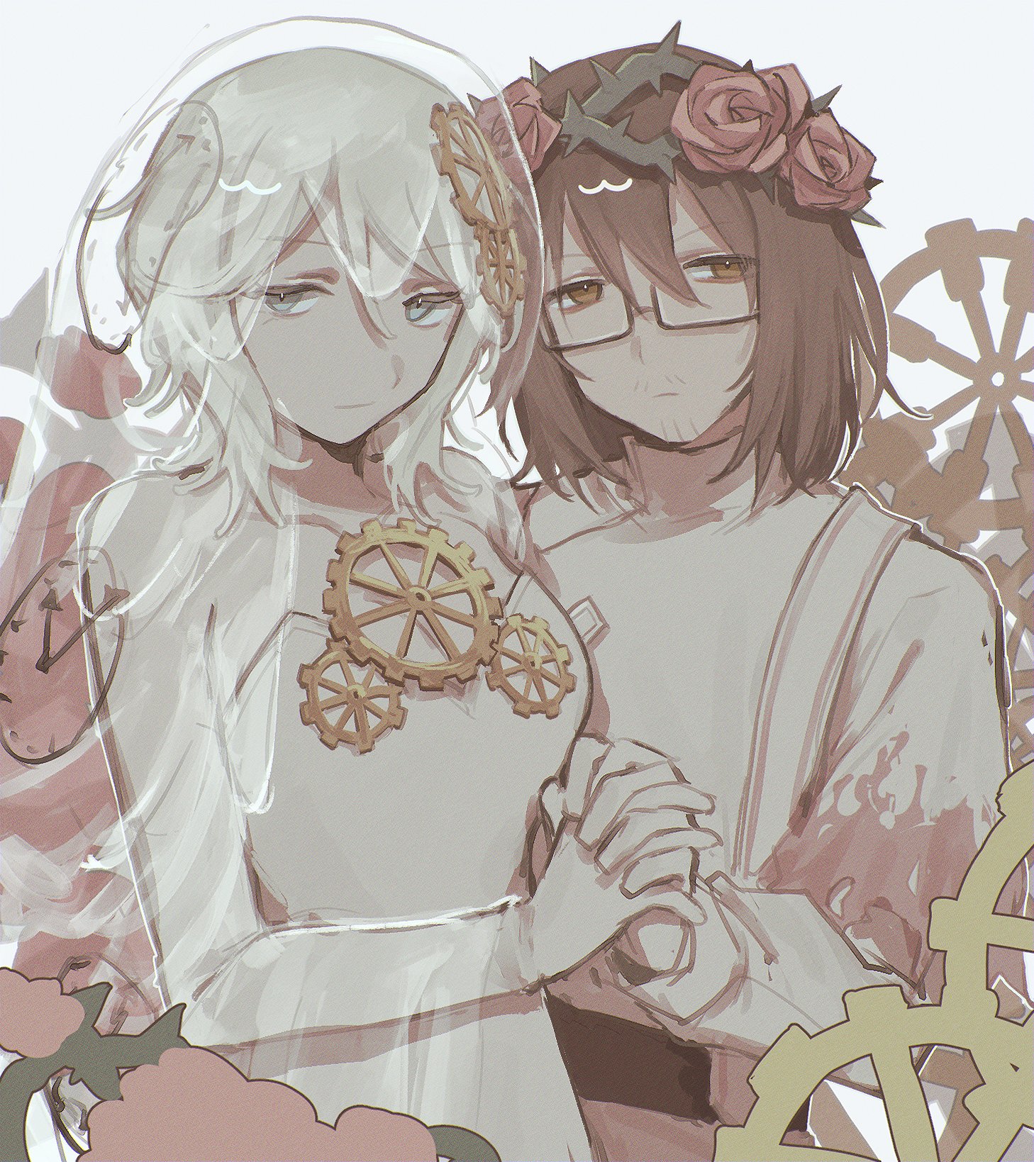 yobunkiii, faust (project moon), gregor (project moon), limbus company, project moon, highres, 1boy, 1girl, blue eyes, bridal veil, brown eyes, brown hair, clock hair ornament, clock print, coat, dress, e.g.o (project moon), everlasting (e.g.o), facial hair, flower, garden of thorns (e.g.o), gear hair ornament, gears, glasses, gloves, head wreath, holding hands, long sleeves, looking at viewer, medium hair, object on breast, red flower, red rose, rose, short hair, simple background, upper body, veil, wedding dress, white background, white coat, white dress, white gloves, white hair, white veil