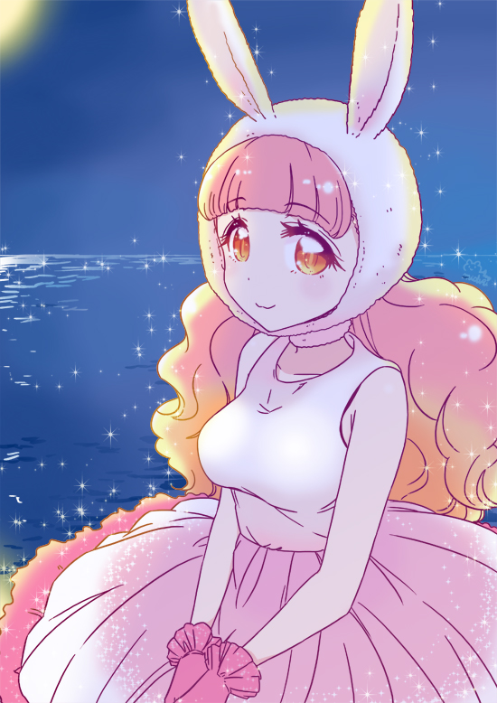 mizuki maya, yuki aine, aikatsu! (series), aikatsu friends!, commentary request, 1girl, :3, animal ears, bare shoulders, blue sky, breasts, closed mouth, collarbone, cowboy shot, fake animal ears, frilled gloves, frills, gloves, gradient hair, long hair, looking at viewer, medium breasts, multicolored hair, night, orange eyes, orange hair, pink gloves, pink hair, pink skirt, rabbit ears, shirt, skirt, sky, sleeveless, sleeveless shirt, solo, sparkle, white shirt