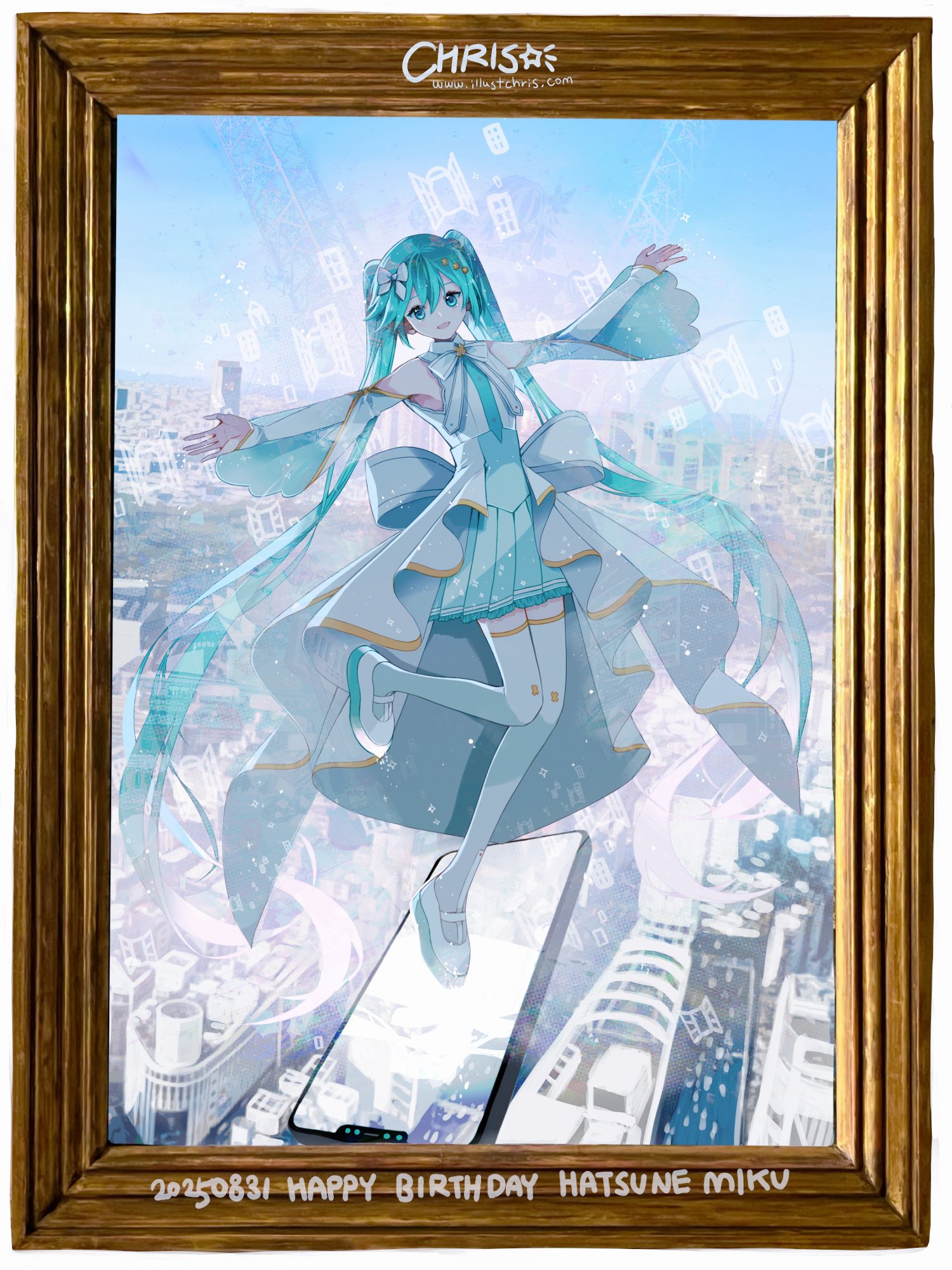 chris4708, hatsune miku, hiramado miku, kowareta sekai to utaenai miku, project sekai, vocaloid, commentary request, highres, 1girl, aqua eyes, aqua hair, aqua necktie, aqua skirt, bare shoulders, blue sky, bow, bowtie, building, city, cityscape, day, detached sleeves, dress, full body, hair ornament, long hair, looking at viewer, necktie, open mouth, outdoors, outstretched arms, pleated skirt, see-through clothes, see-through sleeves, shirt, shoes, skirt, sky, skyscraper, sleeveless, smile, solo, spread arms, thighhighs, twintails, very long hair, white bow, white dress, white thighhighs, wide sleeves, zettai ryouiki