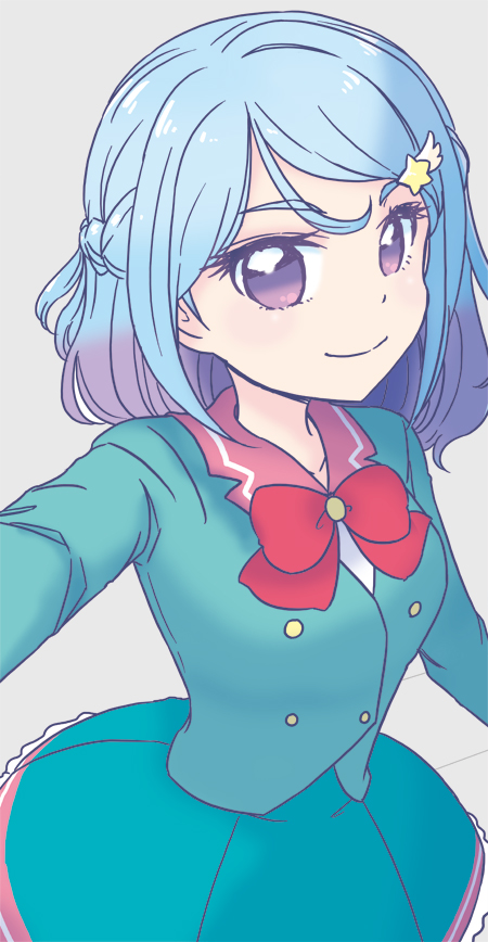 mizuki maya, minato mio, aikatsu! (series), aikatsu friends!, commentary, 1girl, aqua skirt, blue hair, bow, bowtie, buttons, closed mouth, cowboy shot, double-breasted, gradient hair, green jacket, grey background, hair ornament, jacket, long sleeves, looking at viewer, medium hair, multicolored hair, pleated skirt, purple eyes, purple hair, red bow, red bowtie, school uniform, simple background, skirt, smile, solo, star (symbol), star hair ornament