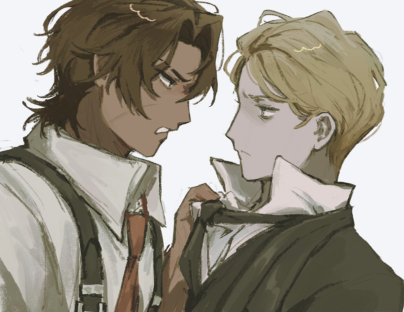 yobunkiii, heathcliff (project moon), linton (project moon), limbus company, project moon, 2boys, black jacket, blonde hair, blue eyes, brown hair, clothes grab, collared shirt, dark-skinned male, dark skin, jacket, long sleeves, looking at another, male focus, multiple boys, necktie, necktie grab, neckwear grab, purple eyes, red necktie, scar, shirt, short hair, simple background, upper body, white background, white shirt