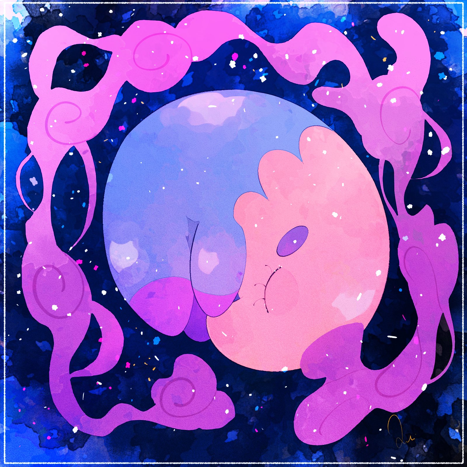 loki (regulus 1111), musharna, nintendo, pokemon, commentary request, highres, alternate color, animal focus, blue background, blush, blush stickers, closed eyes, curled up, gas, gen 5 pokemon, no humans, pokemon (creature), pokemon focus, shiny pokemon, solo