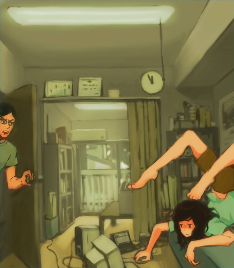 tomioka jirou, original, 1boy, 1girl, age difference, arched back, backpack, bag, barefoot, bedroom, black hair, book, bookshelf, brown eyes, brown hair, calendar, chest stand, computer, computer keyboard, computer mouse, couch, door, expressionless, father and daughter, feet, flexible, glasses, indoors, laptop, legs, long hair, open mouth, shorts, spread toes, toes, upside-down, walk-in, yoga