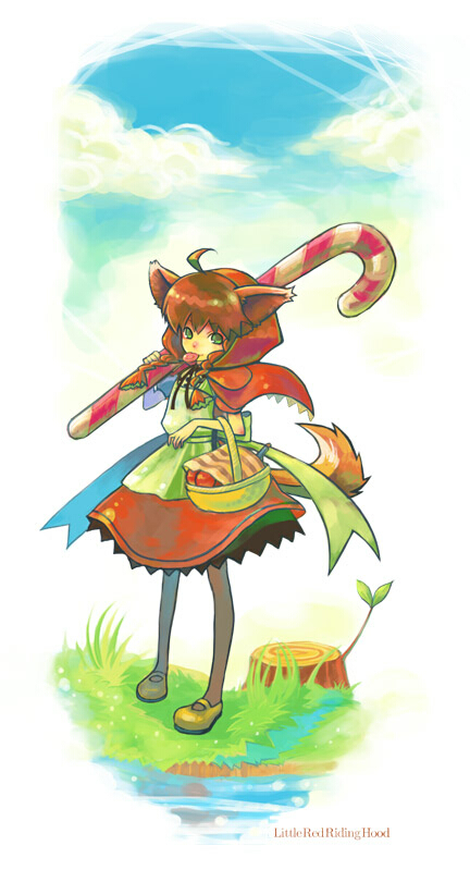 yokogiri midori, little red riding hood (fairy tale character), little red riding hood (fairy tale), 1girl, alcohol, animal ears, apple, basket, candy, candy cane, cloud, day, female focus, food, fruit, grass, holding, holding candy, holding candy cane, holding food, nature, outdoors, short hair, sky, solo, tail, water, wine