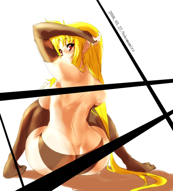 nekomamire, fate testarossa, lyrical nanoha, mahou shoujo lyrical nanoha, mahou shoujo lyrical nanoha strikers, 00s, 1girl, ass, back, blonde hair, breasts, elbow gloves, female focus, gloves, large breasts, long hair, looking back, panties, solo, thighhighs, topless female, underwear, very long hair
