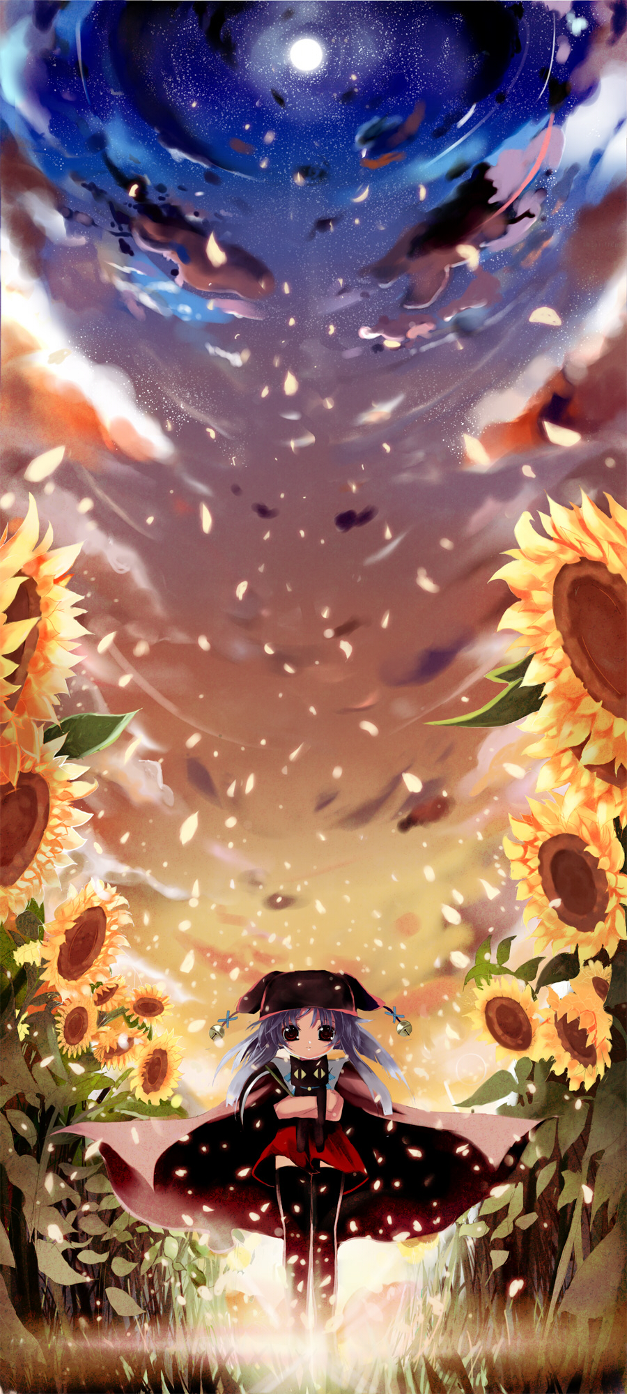 shino (eefy), nanashi no shoujo, suika (visual novel), highres, long image, painttool sai (medium), tall image, 00s, 1girl, bell, blue hair, brown eyes, cape, cat, cloud, female focus, flower, hat, moon, skirt, sky, solo, star (sky), star (symbol), starry sky, sunflower, thighhighs, zettai ryouiki