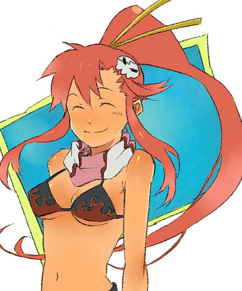 tanmomo, yoko littner, tengen toppa gurren lagann, bad id, bad pixiv id, 00s, 1girl, bikini, breasts, closed eyes, female focus, hair ornament, high ponytail, long hair, medium breasts, navel, ponytail, scarf, simple background, skull hair ornament, smile, solo, striped clothes, striped scarf, swimsuit, upper body, very long hair, white background