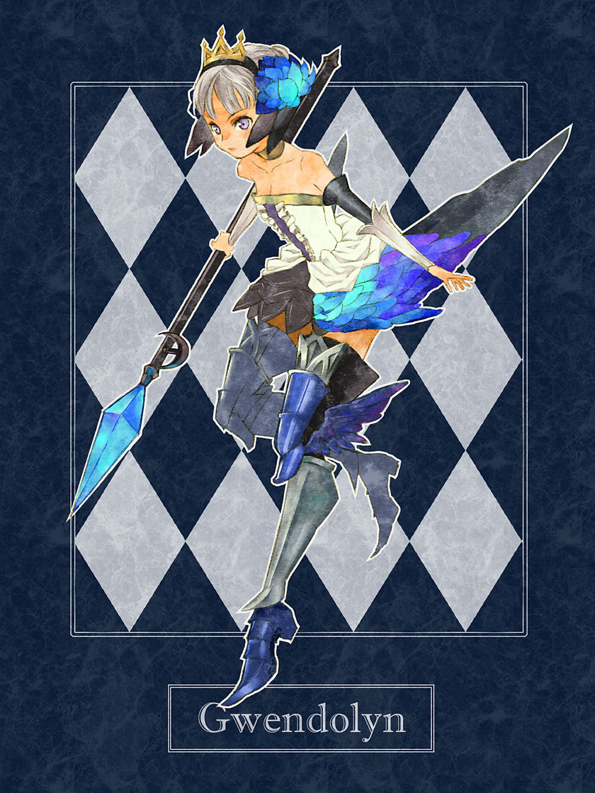 tanmomo, gwendolyn (odin sphere), odin sphere, painttool sai (medium), 1girl, argyle background, argyle clothes, armor, armored dress, blue background, character name, dress, female focus, polearm, solo, spear, strapless, strapless dress, thighhighs, weapon