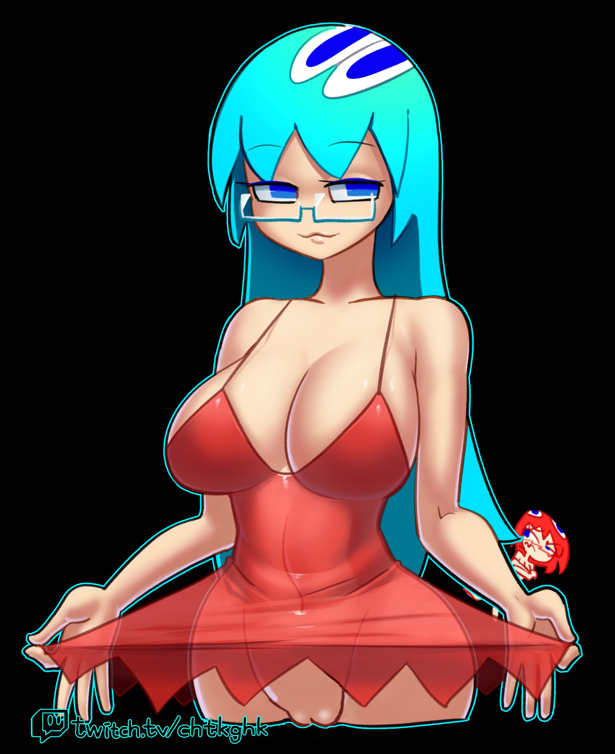 minuspal, blinky (pac-man), inky (pac-man), female, humanized, decensored, third-party edit, blue eyes, blue hair, breasts, cleavage, clothes lift, embarrassed, glasses, pac-man (series), pac-man ghost dance (minus8), see-through clothes, skirt, skirt lift, square eyesrnpussy