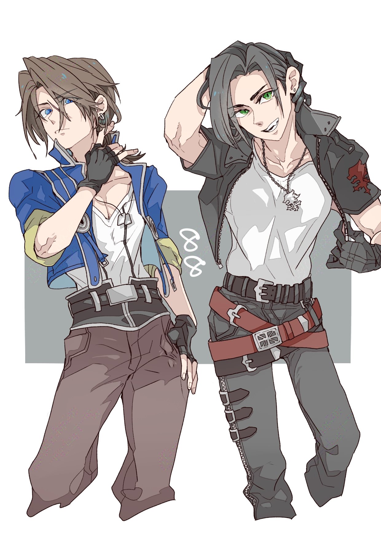 oshibainoticket, laguna loire, squall leonhart, final fantasy, final fantasy viii, commentary request, highres, 2boys, belt, belt buckle, black gloves, black hair, black jacket, black pants, blue eyes, blue jacket, brown hair, brown pants, buckle, cosplay, costume switch, earrings, feet out of frame, fingerless gloves, gloves, green eyes, jacket, jewelry, laguna loire (cosplay), looking at viewer, male focus, multiple belts, multiple boys, necklace, open clothes, open jacket, pants, scar, scar on face, shirt, squall leonhart (cosplay), stud earrings, white shirt