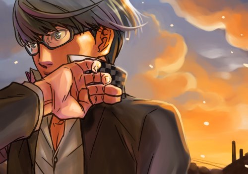 raizou, narukami yu, atlus, persona, persona 4, silver hair, lowres, 1boy, brown hair, glasses, male focus, solo