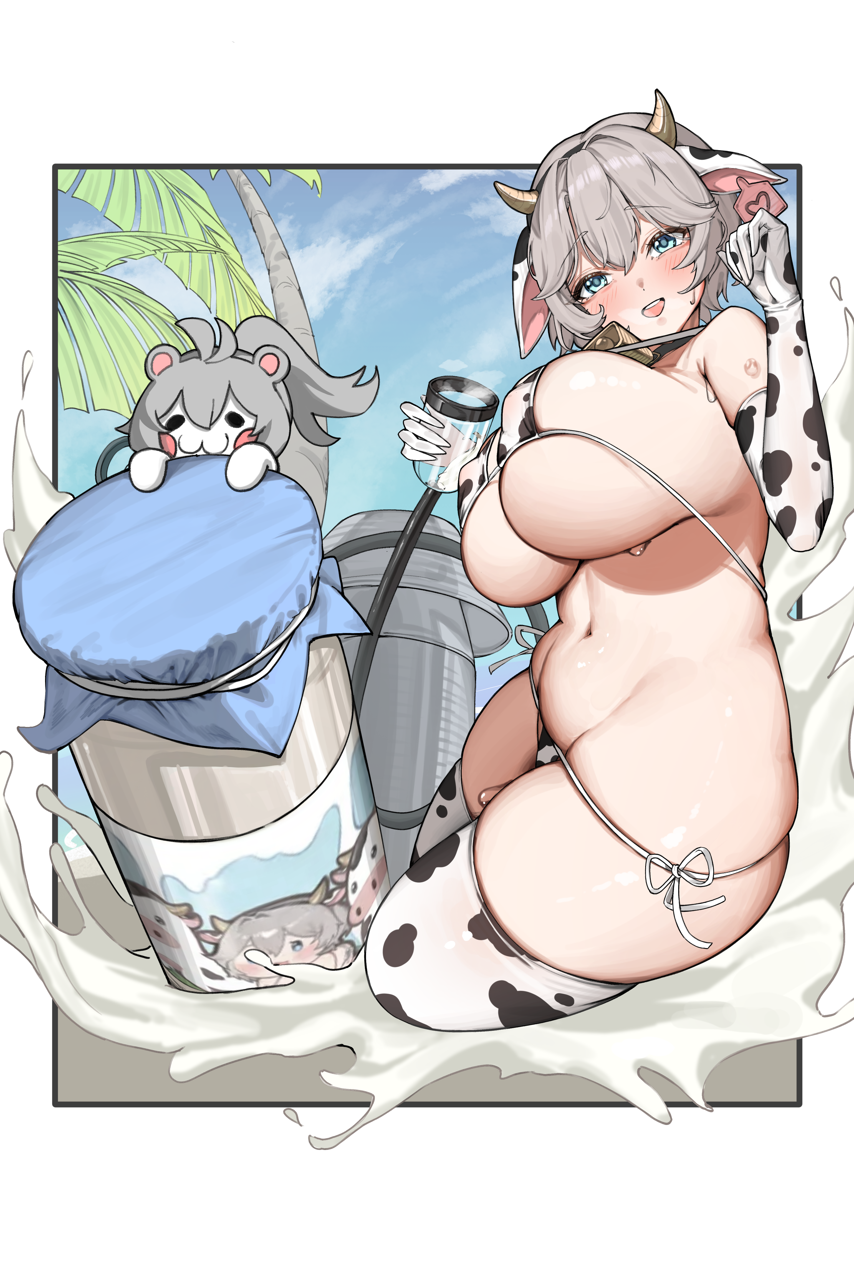 ko uniii, teresse (brown dust), yuridori (brown dust), brown dust (series), brown dust 2, absurdres, highres, 1girl, animal ears, animal print, bell, bikini, blue eyes, blush, bottle, breasts, chibi, cleavage, cow print, cow print bikini, cow print gloves, cow print thighhighs, cowbell, ear tag, elbow gloves, eyebrows hidden by hair, fake animal ears, fake horns, from side, full body, gloves, grey hair, groin, hair between eyes, horns, huge breasts, looking at viewer, milk, milk bottle, navel, neck bell, oversized object, palm tree, print bikini, print gloves, print thighhighs, short hair, sideboob, smile, solo, stomach, swimsuit, teeth, thighhighs, tree, underboob, upper teeth only