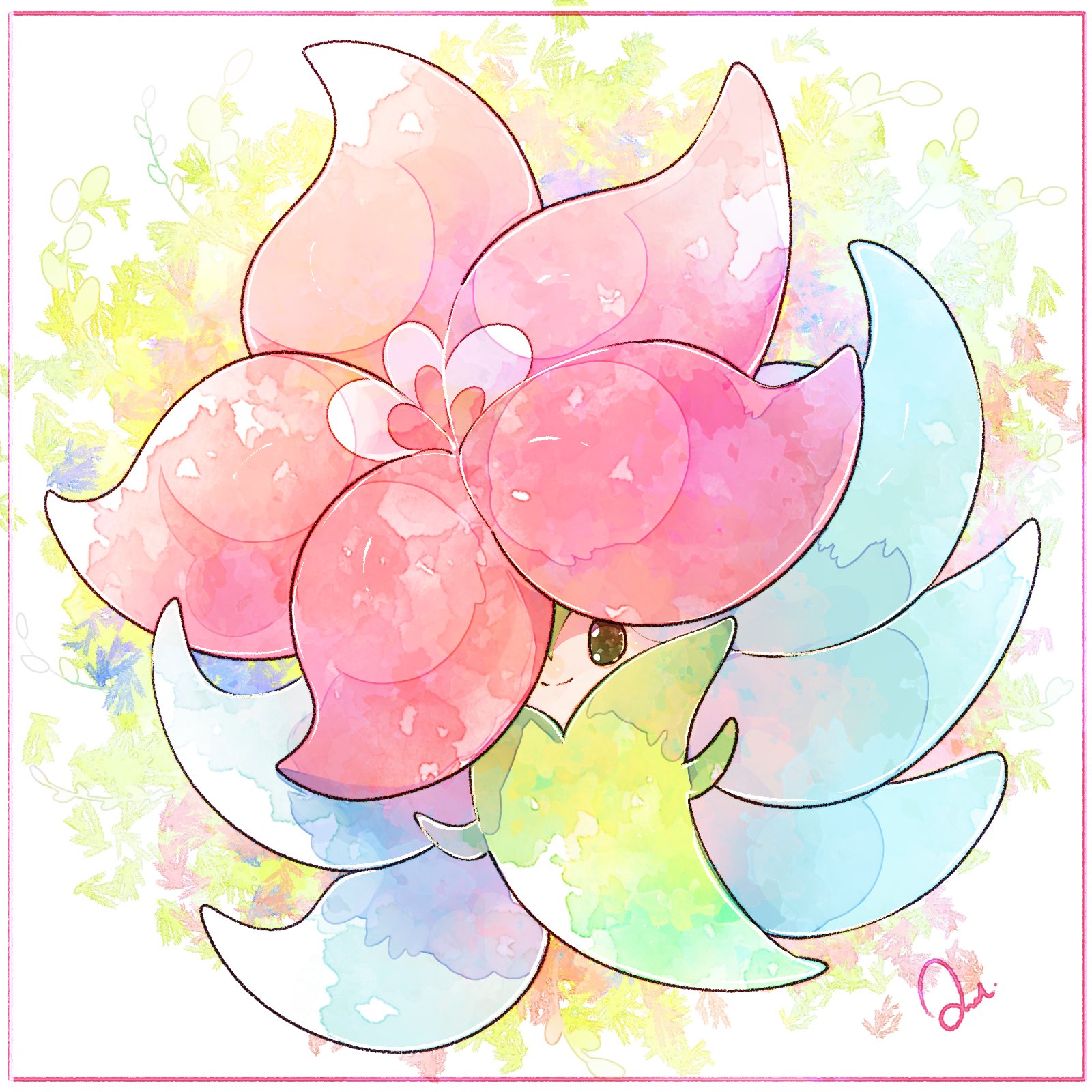 loki (regulus 1111), gossifleur, nintendo, pokemon, commentary request, highres, alternate color, black eyes, closed mouth, flower, full body, gen 8 pokemon, hair flower, hair ornament, long hair, no humans, pink flower, pokemon (creature), pokemon focus, shiny pokemon, smile, solo