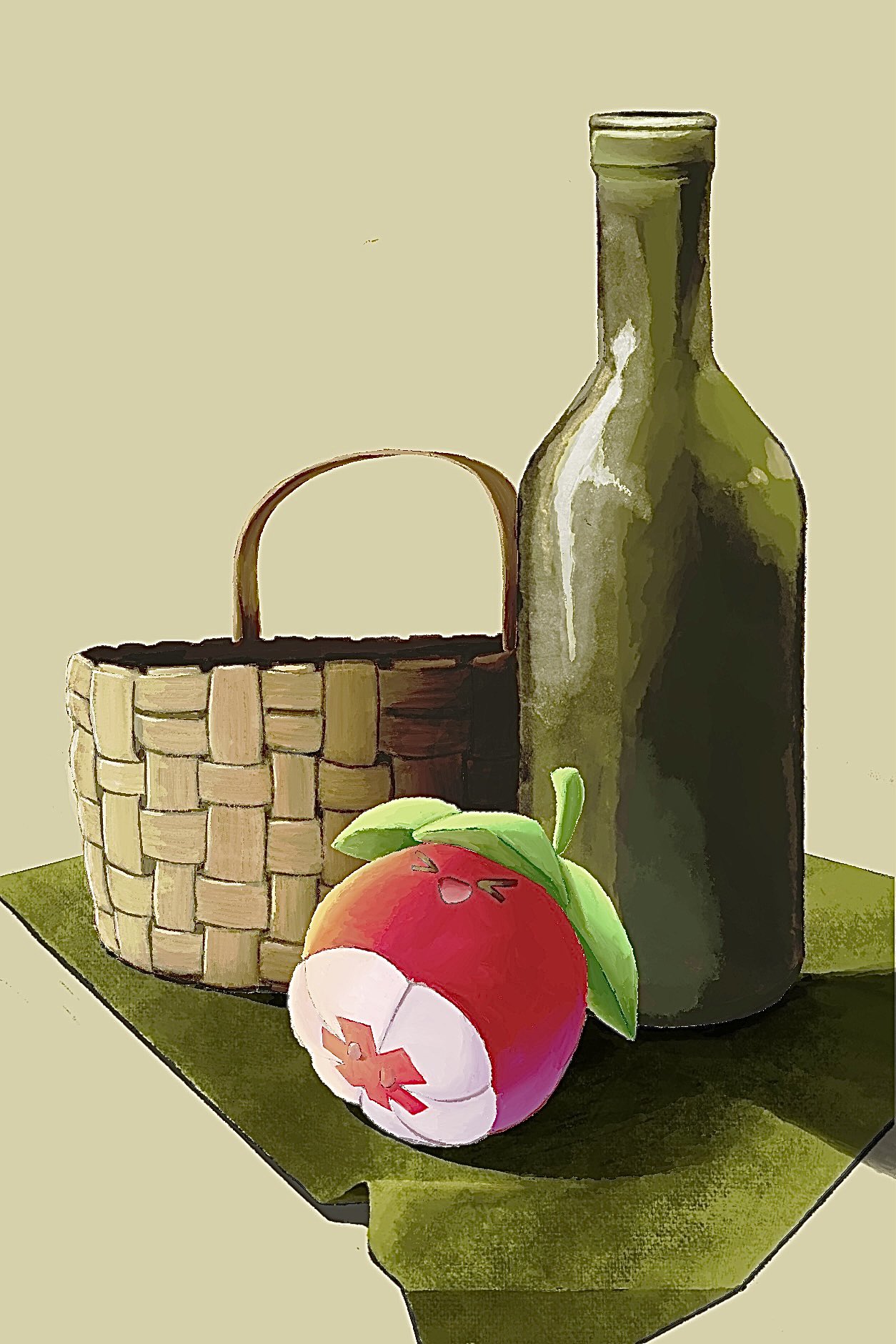 yomagntho9q9q, bounsweet, nintendo, pokemon, highres, > <, basket, bottle, closed eyes, gen 7 pokemon, glass bottle, no humans, open mouth, pokemon (creature), pokemon focus, simple background, smile, solo
