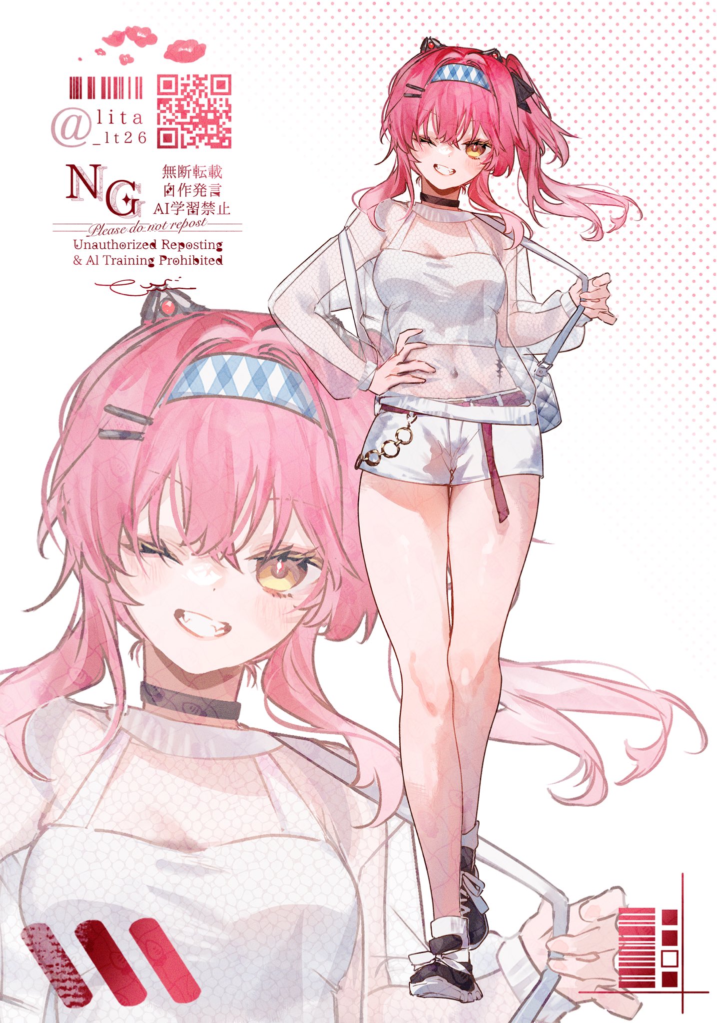 lt26, lupa (wuthering waves), wuthering waves, commentary request, highres, 1girl, alternate costume, alternate hairstyle, bag, bare legs, belt, black bow, bow, breasts, cleavage, covered navel, crop top, gradient hair, grin, hair bow, hairband, hand on own hip, legs, long hair, looking at viewer, medium breasts, multicolored hair, one eye closed, pink belt, pink hair, see-through clothes, see-through shirt, shirt, shoes, shorts, shoulder bag, smile, sneakers, solo, tacet mark (wuthering waves), thighs, undershirt, watermark, white bag, white shirt, white shorts, yellow eyes, zoom layer