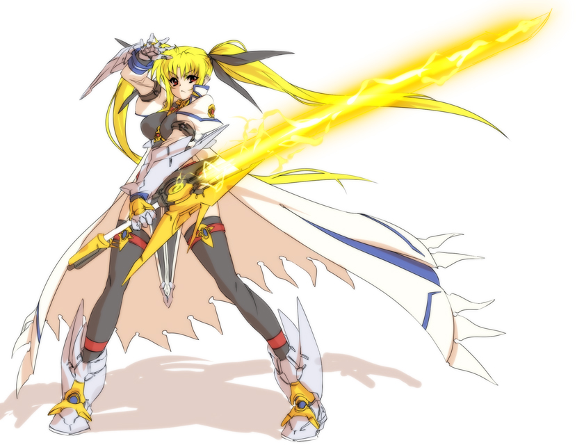 nekomamire, bardiche (nanoha), fate testarossa, lyrical nanoha, mahou shoujo lyrical nanoha, mahou shoujo lyrical nanoha strikers, 00s, 1girl, adapted costume, alternate weapon, armor, blonde hair, energy sword, female focus, gloves, lightning, long hair, red eyes, solo, sword, thighhighs, twintails, very long hair, weapon
