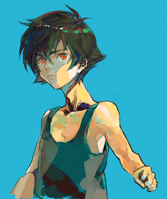 setsuna f. seiei, gundam, gundam 00, artist request, 00s, 1boy, bare shoulders, black hair, blue background, clenched hand, male focus, red eyes, simple background, solo, undershirt, upper body