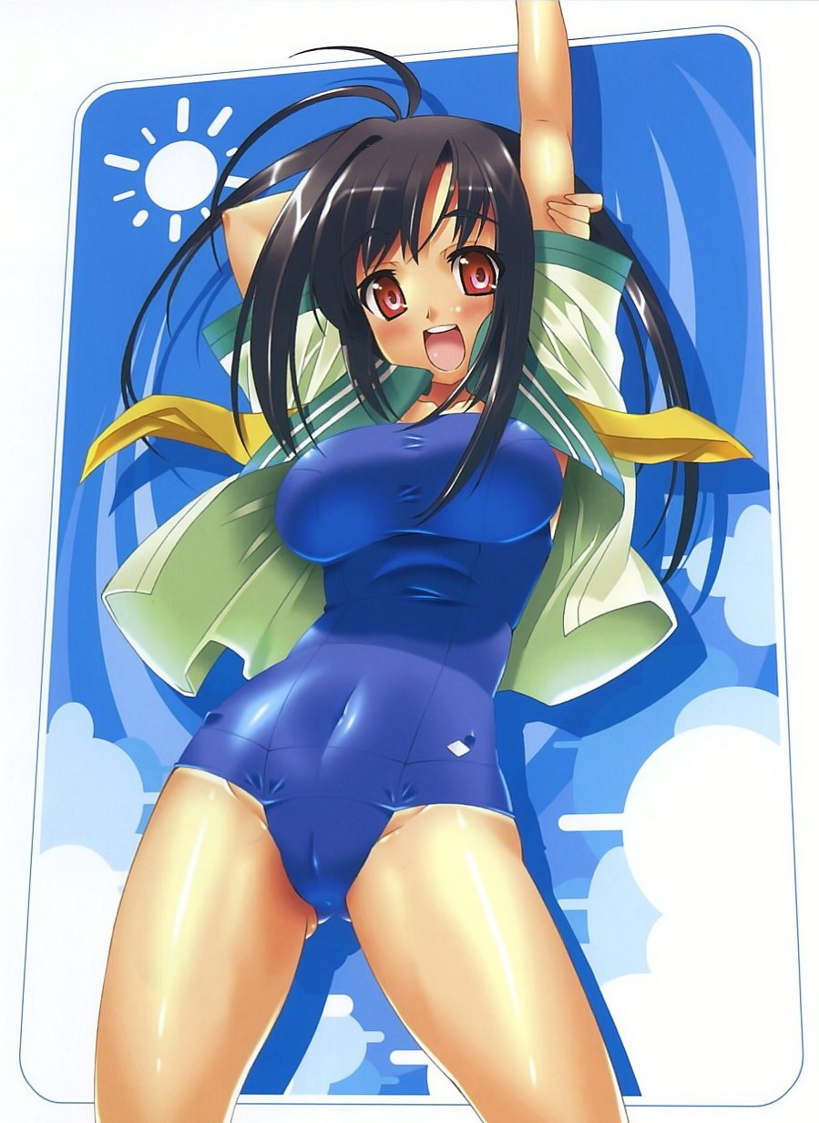 shinozuka atsuto, highres, 1girl, breasts, cameltoe, female focus, hip focus, huge breasts, no pants, one-piece swimsuit, open clothes, open shirt, school swimsuit, school uniform, serafuku, shirt, solo, swimsuit, swimsuit under clothes, wide hips