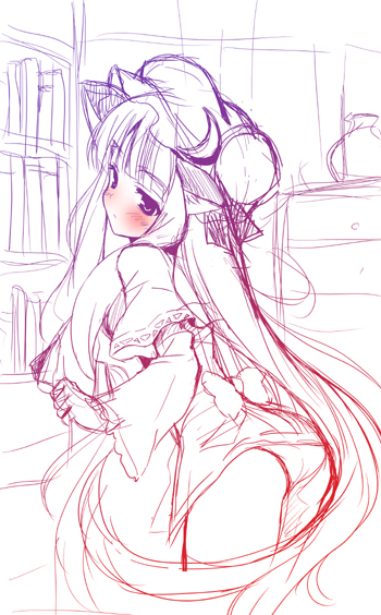 r-type nirvana, souryuu (double dragon), patchouli knowledge, touhou, 1girl, adapted costume, ass, blush, capelet, crescent, dress, female focus, from behind, hat, long hair, looking back, monochrome, short dress, sketch, solo, very long hair