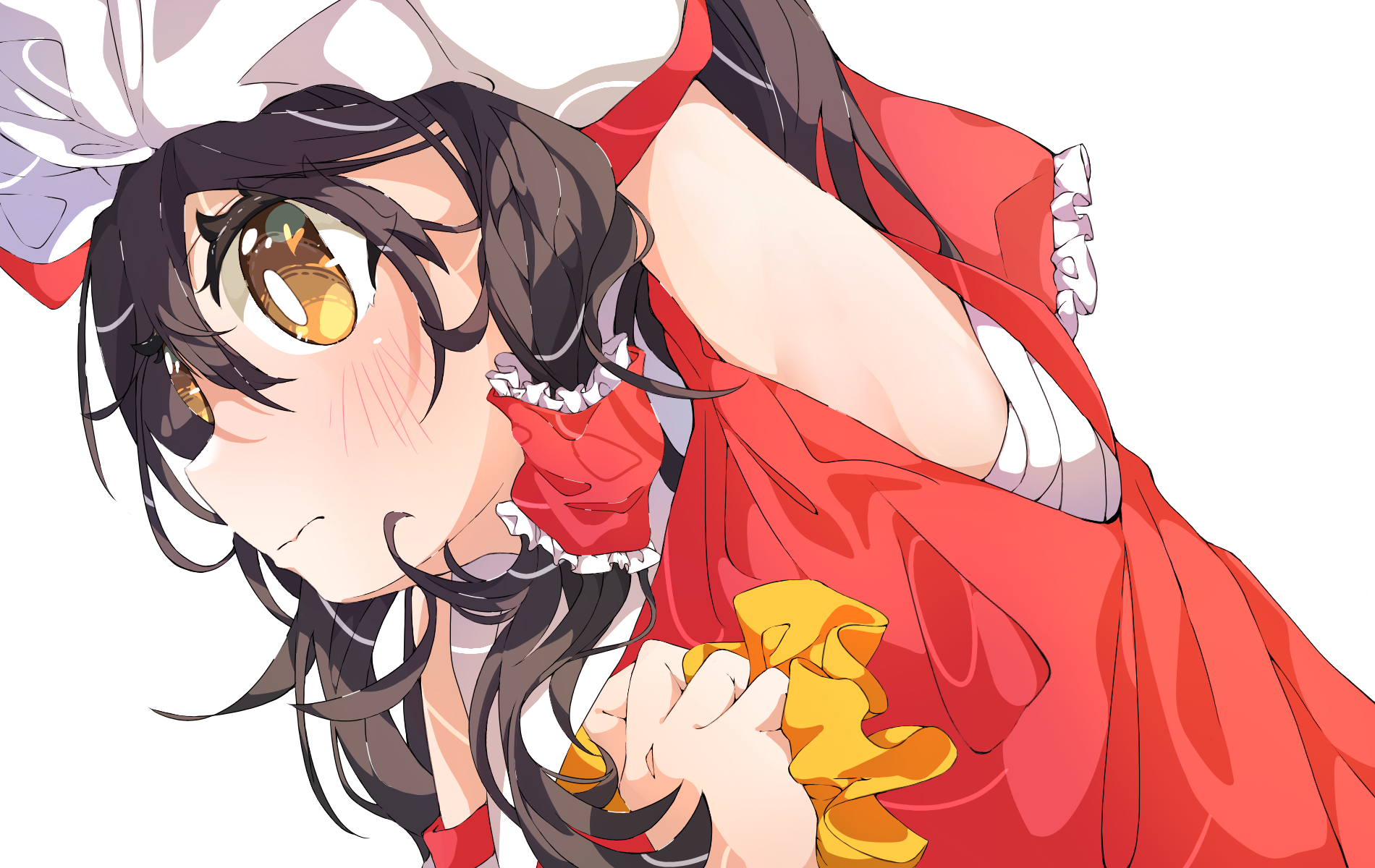 hakurei reimu, touhou, highres, 1girl, arm above head, arm up, armpits, ascot, brown hair, closed mouth, detached sleeves, frilled hair tubes, frills, hair tubes, hand on own chest, kannpoyu, looking ahead, medium hair, red vest, solo, upper body, vest, white sleeves, yellow ascot, yellow eyes