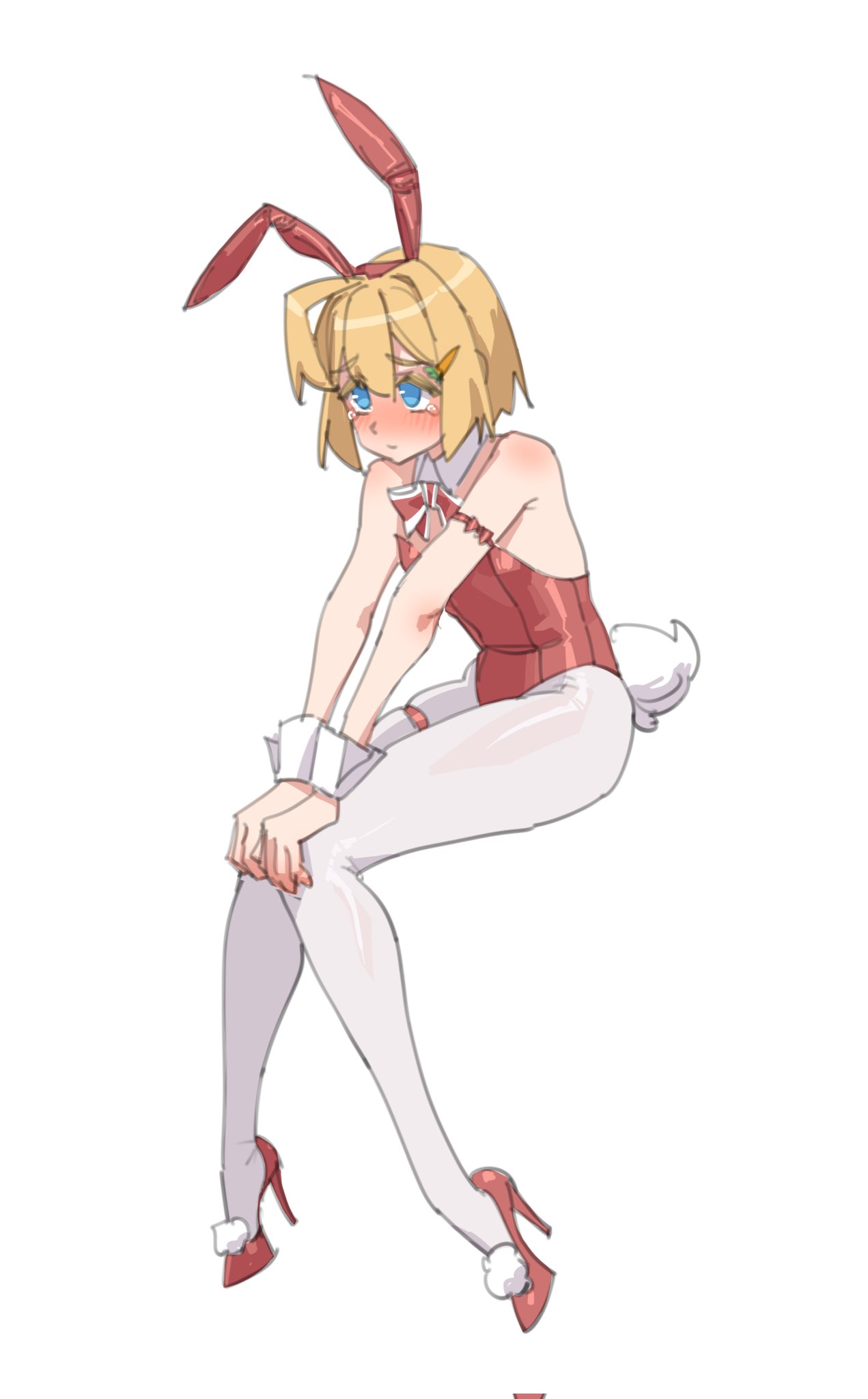 stank, original, highres, 1girl, animal ears, aqua eyes, bare shoulders, blonde hair, blush, bow, bowtie, breasts, collar, d'orsay heels, fake animal ears, high heels, leotard, pantyhose, playboy bunny, rabbit ears, rabbit tail, rabbit tail footwear, red bow, red bowtie, red leotard, red shoes, shoes, short hair, simple background, skindentation, small breasts, tail, thigh strap, white collar, white pantyhose, white wrist cuffs, wrist cuffs
