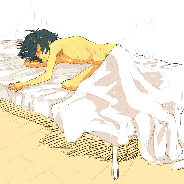 setsuna f. seiei, gundam, gundam 00, 00s, 1boy, bed, black hair, male focus, nude, sleeping, solo