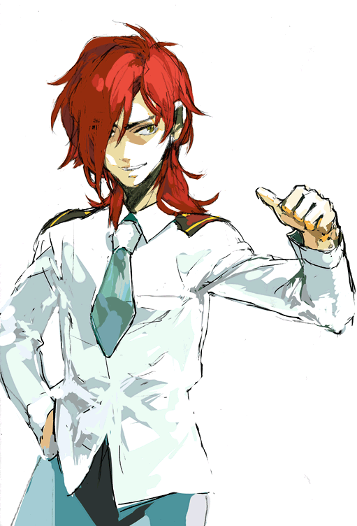patrick colasour, gundam, gundam 00, 00s, 1boy, brown eyes, captain uniform, male focus, necktie, red hair, simple background, solo