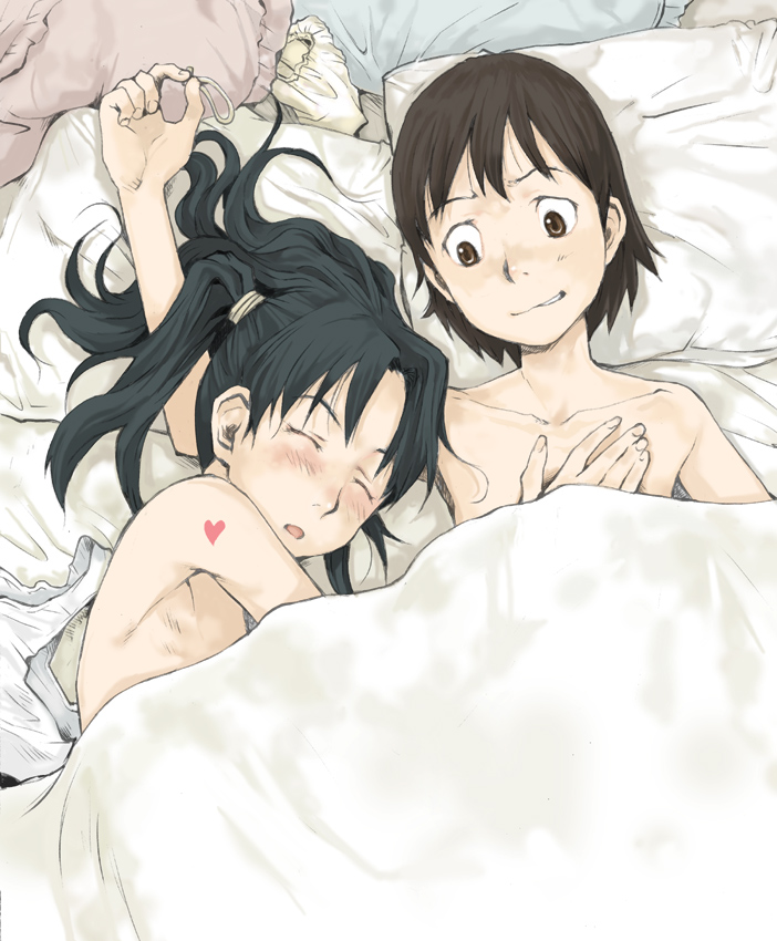 tamaoki benkyou, amasawa yuuko, okonogi yuuko, dennou coil, bad id, bad pixiv id, 00s, 2girls, aftersex, bed, black hair, blush, brown eyes, brown hair, closed eyes, couple, flat chest, long hair, multiple girls, pillow, short hair, skinny, sleeping, yuri