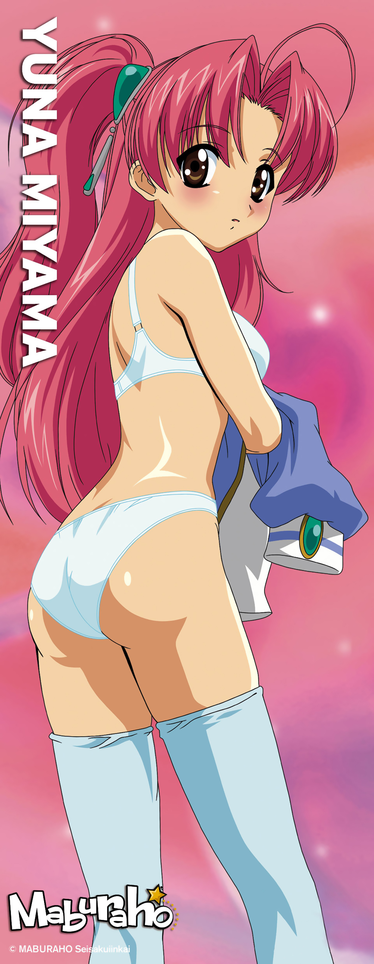komatsu eiji, miyama yuuna, maburaho, absurdres, highres, non-web source, 00s, 1girl, ass, blue thighhighs, blush, bra, character name, female focus, lingerie, long hair, panties, pink background, ponytail, solo, thighhighs, underwear, underwear only, undressing, white bra, white panties