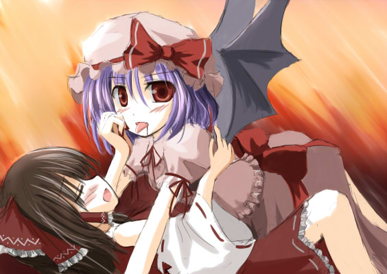 hakurei reimu, remilia scarlet, touhou, 2girls, blouse, female focus, hat, mob cap, multiple girls, pink hat, pink shirt, shirt, tongue, wings