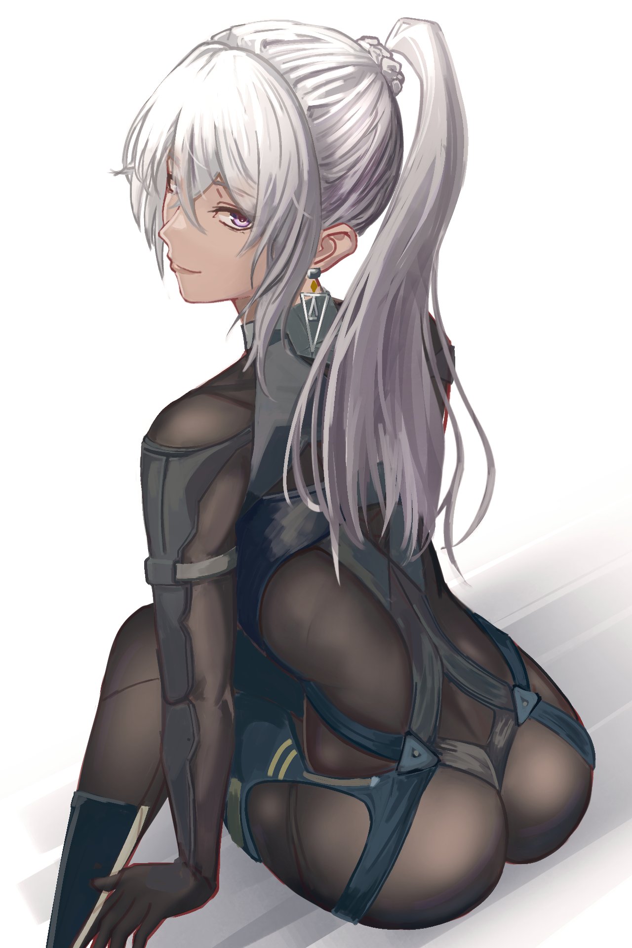 replikia, nemesis (girls' frontline 2), girls' frontline, girls' frontline 2: exilium, highres, 1girl, armored leotard, ass, bent over, bodysuit, dark-skinned female, dark skin, double-parted bangs, ear ornament, leotard, light smile, long hair, looking at viewer, looking back, ponytail, purple eyes, simple background, sitting, solo, white background, white hair