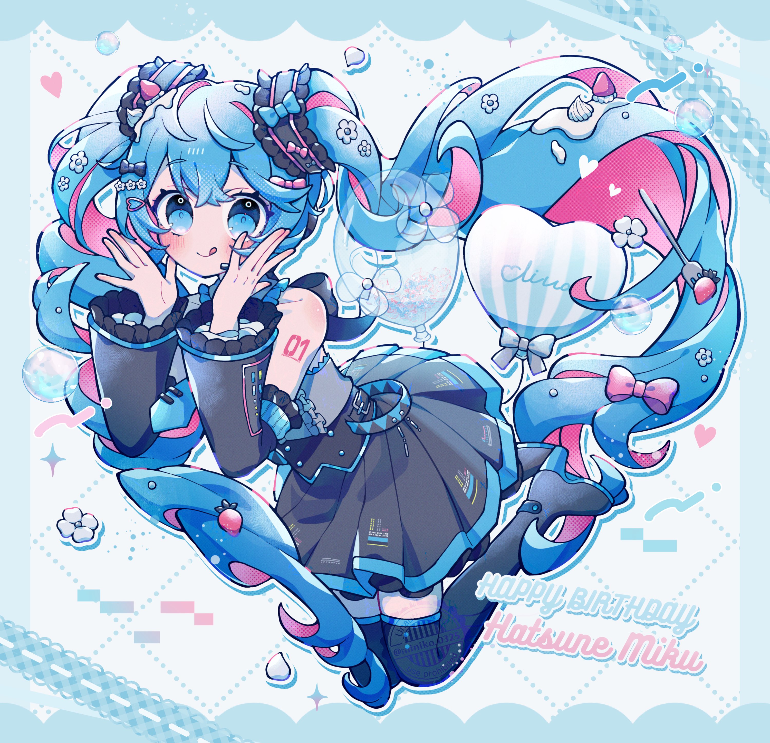 miniko 0325, hatsune miku, vocaloid, absurdres, commentary request, highres, 1girl, :q, balloon, bare shoulders, black skirt, black sleeves, blue bow, blue eyes, blue hair, blue necktie, blush, boots, bow, bubble, character name, detached sleeves, flower, food, frilled shirt, frilled sleeves, frills, fruit, full body, grey shirt, hair between eyes, hair bow, hair flower, hair ornament, hands up, happy birthday, heart, heart balloon, long hair, long sleeves, looking at viewer, multicolored hair, necktie, number tattoo, pink hair, pleated skirt, shirt, skirt, sleeveless, sleeveless shirt, smile, solo, strawberry, tattoo, thigh boots, thighhighs, tongue, tongue out, twintails, very long hair, white flower