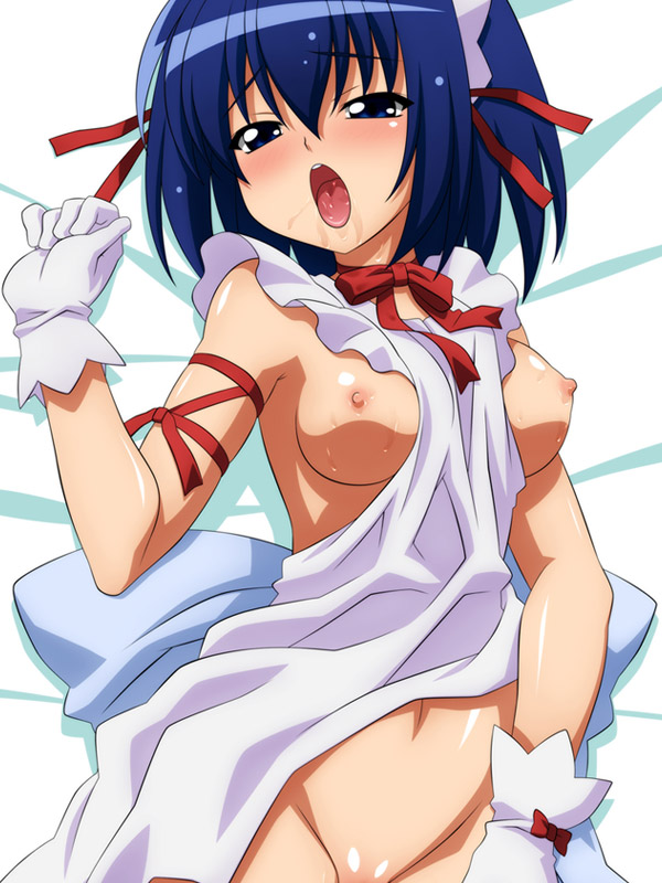 sugimura tomokazu, kokubunji koyori, nurse witch komugi-chan, 00s, 1girl, apron, blue eyes, blue hair, blush, bottomless, bow, breasts, choker, cowboy shot, dakimakura (medium), female focus, gloves, hairband, lying, maid, maid apron, matching hair/eyes, medium breasts, naked apron, nipples, open mouth, ribbon, saliva, solo, sweat, tongue, uncensored