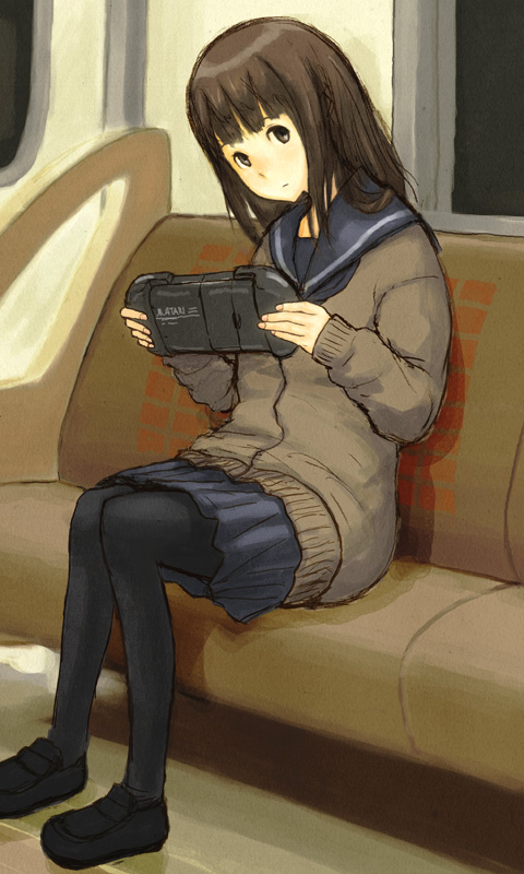 pomo rosso, lynx, atari, original, 1girl, atari lynx, cardigan, female focus, handheld game console, pantyhose, playing games, school uniform, serafuku, solo, train, train interior, video game