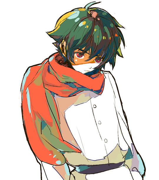 setsuna f. seiei, gundam, gundam 00, 00s, 1boy, male focus, red eyes, scarf, simple background, solo