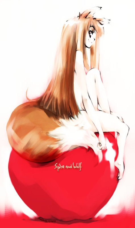 mike156, holo, spice and wolf, 00s, animal ears, apple, brown hair, food, fruit, long hair, nude, red eyes, solo, tail, wolf ears, wolf tail