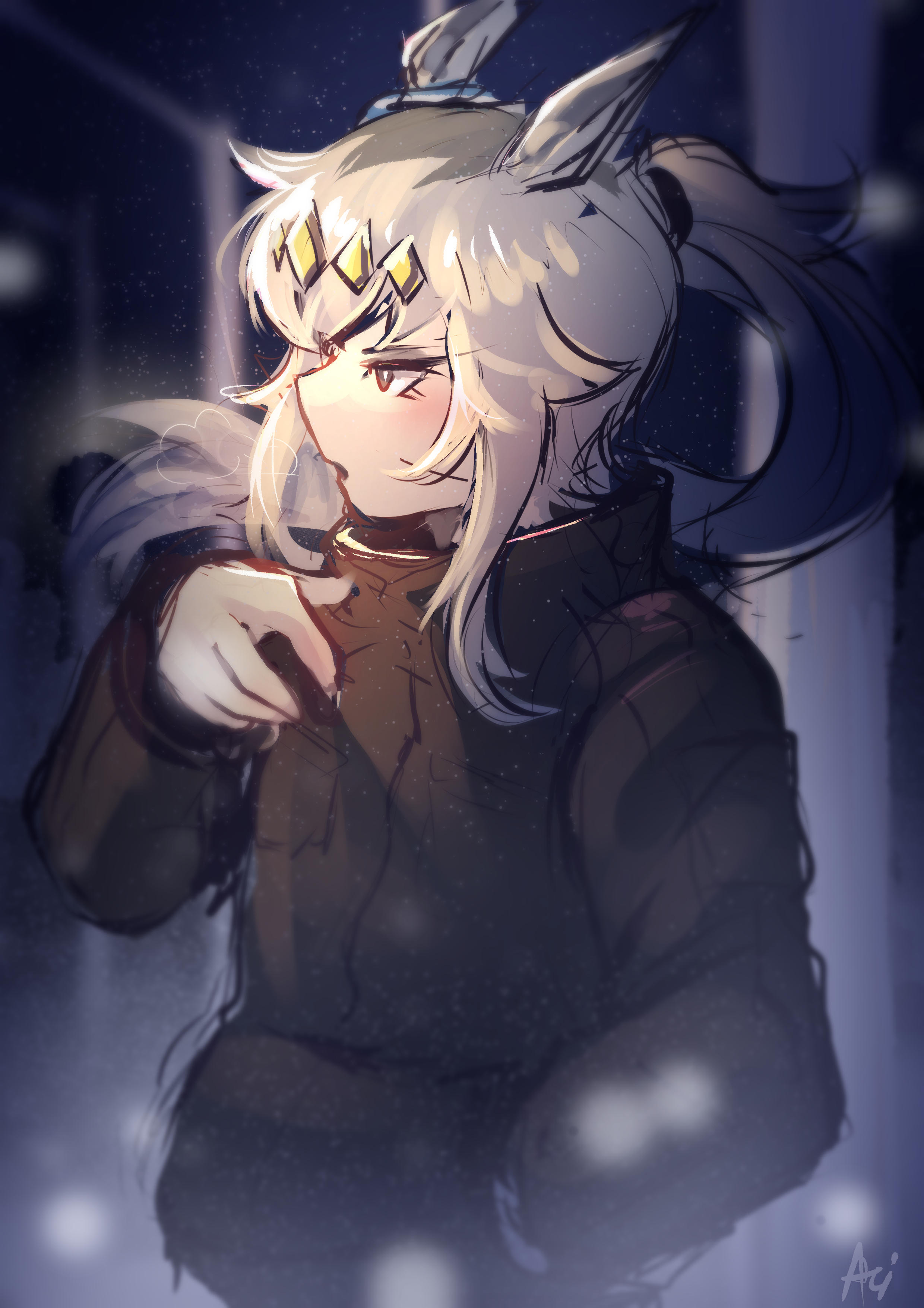 oguri cap (umamusume), umamusume, umamusume: cinderella gray, absurdres, highres, 1girl, ahoge, animal ears, black coat, black jacket, blue eyes, blush, coat, ear ornament, grey hair, hair between eyes, hairband, horse ears, horse girl, jacket, lamppost, lan aci, long hair, long sleeves, looking at viewer, multicolored hair, open mouth, outdoors, solo, upper body, winter clothes, winter coat