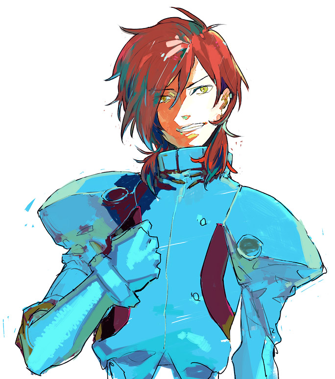 patrick colasour, gundam, gundam 00, pilot suit, 00s, 1boy, male focus, red hair, simple background, smile, solo, yellow eyes