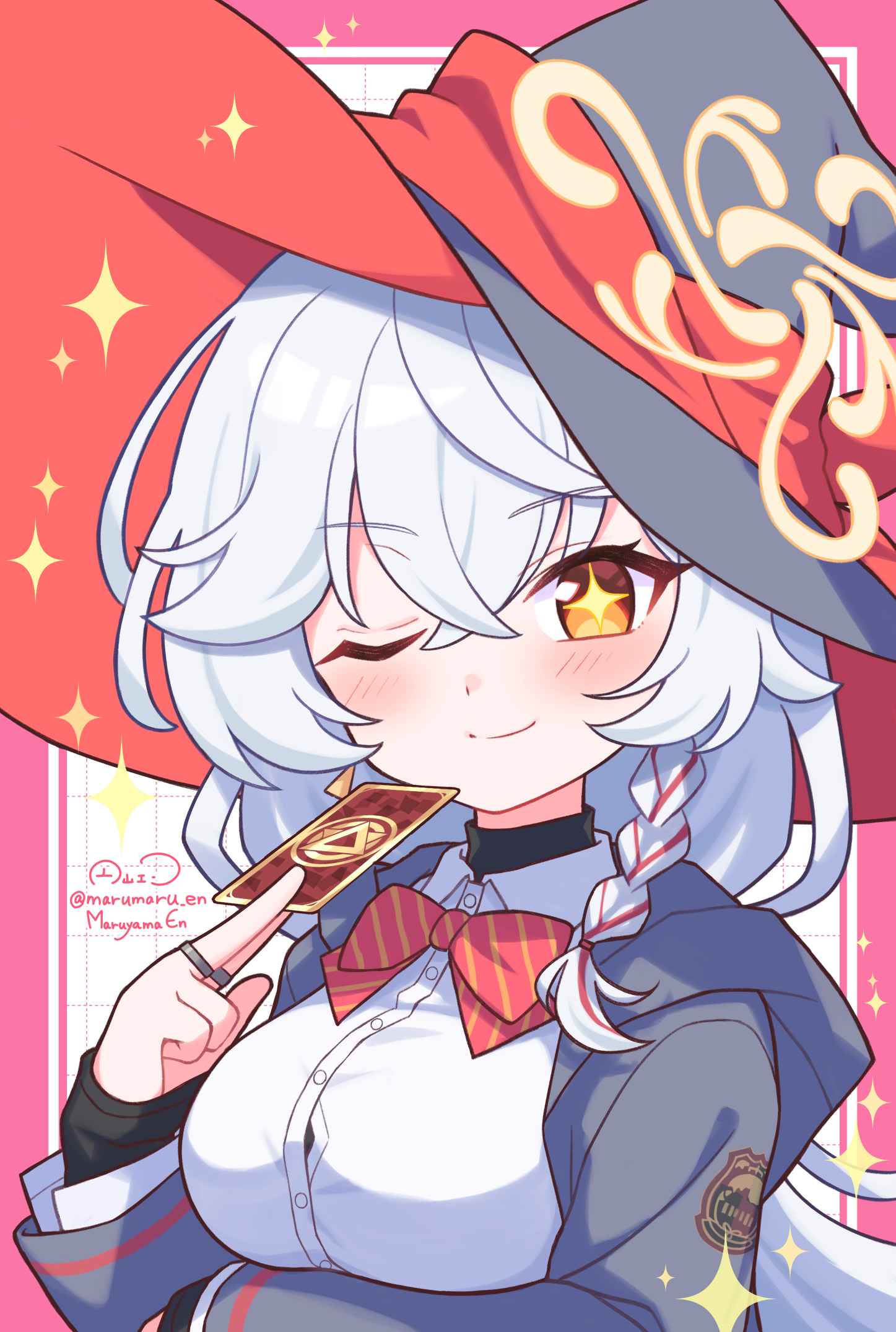 maruyama en, eri (blue archive), blue archive, blush stickers, bow, bowtie, braid, card, halo, hat, holding, holding card, jacket, long coat, long hair, one eye closed, orange eyes, shirt, smile, sparkle, sparkling eyes, sweater, upper body, white hair, wink, witch hat