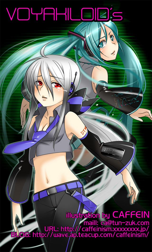 caffein, hatsune miku, yowane haku, vocaloid, silver hair, 2girls, ahoge, aqua hair, belt, blue eyes, breasts, buckle, cleavage, collarbone, cowboy shot, crop top, detached sleeves, english text, headset, long hair, long sleeves, looking at viewer, midriff, multiple girls, navel, pants, red eyes, standing, stomach, text focus, thighhighs, twintails, very long hair