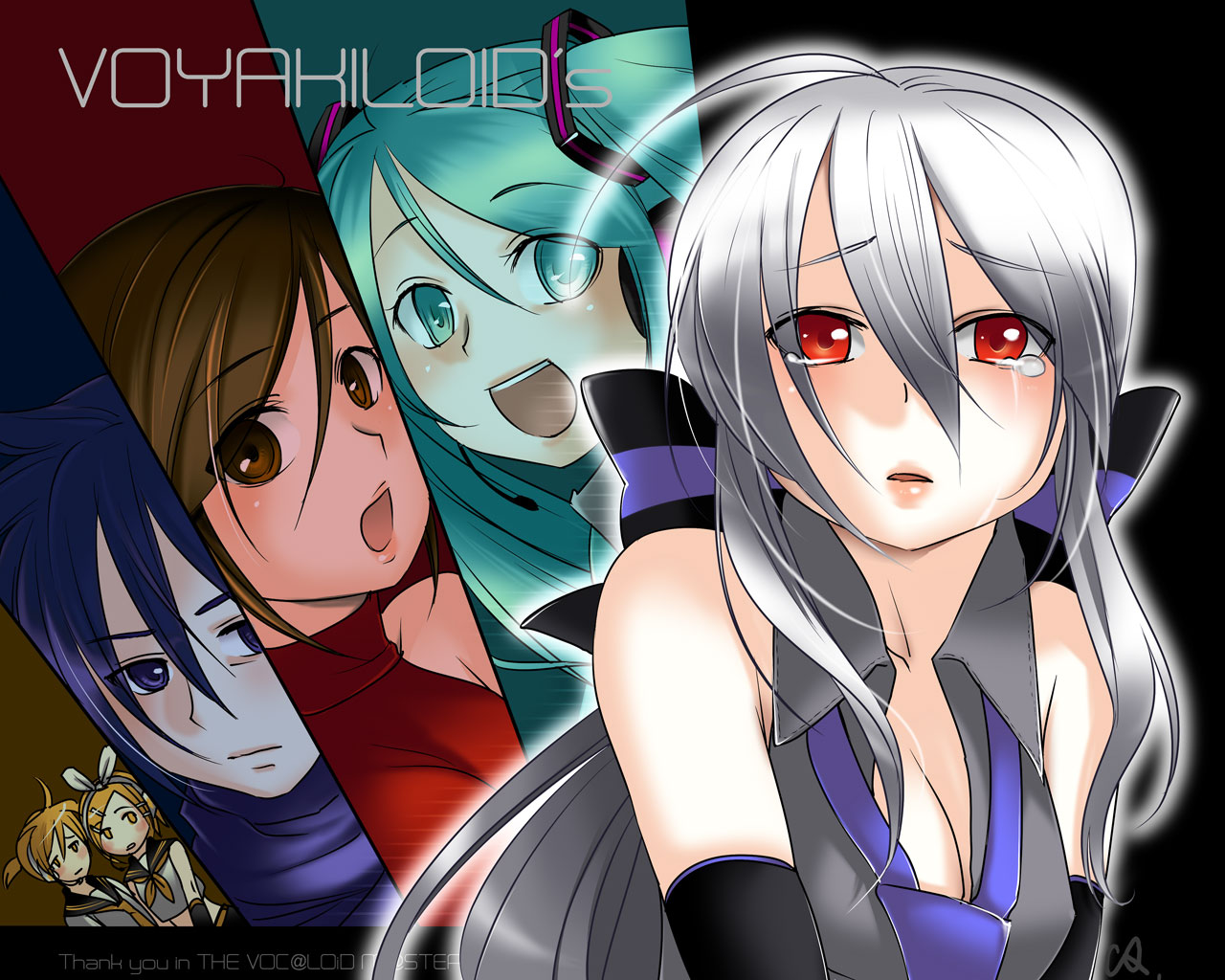 caffein, hatsune miku, kagamine len, kagamine rin, kaito (vocaloid), meiko (vocaloid), yowane haku, vocaloid, 2boys, 4girls, aqua hair, brother and sister, english text, multiple boys, multiple girls, red eyes, siblings, tears, twins