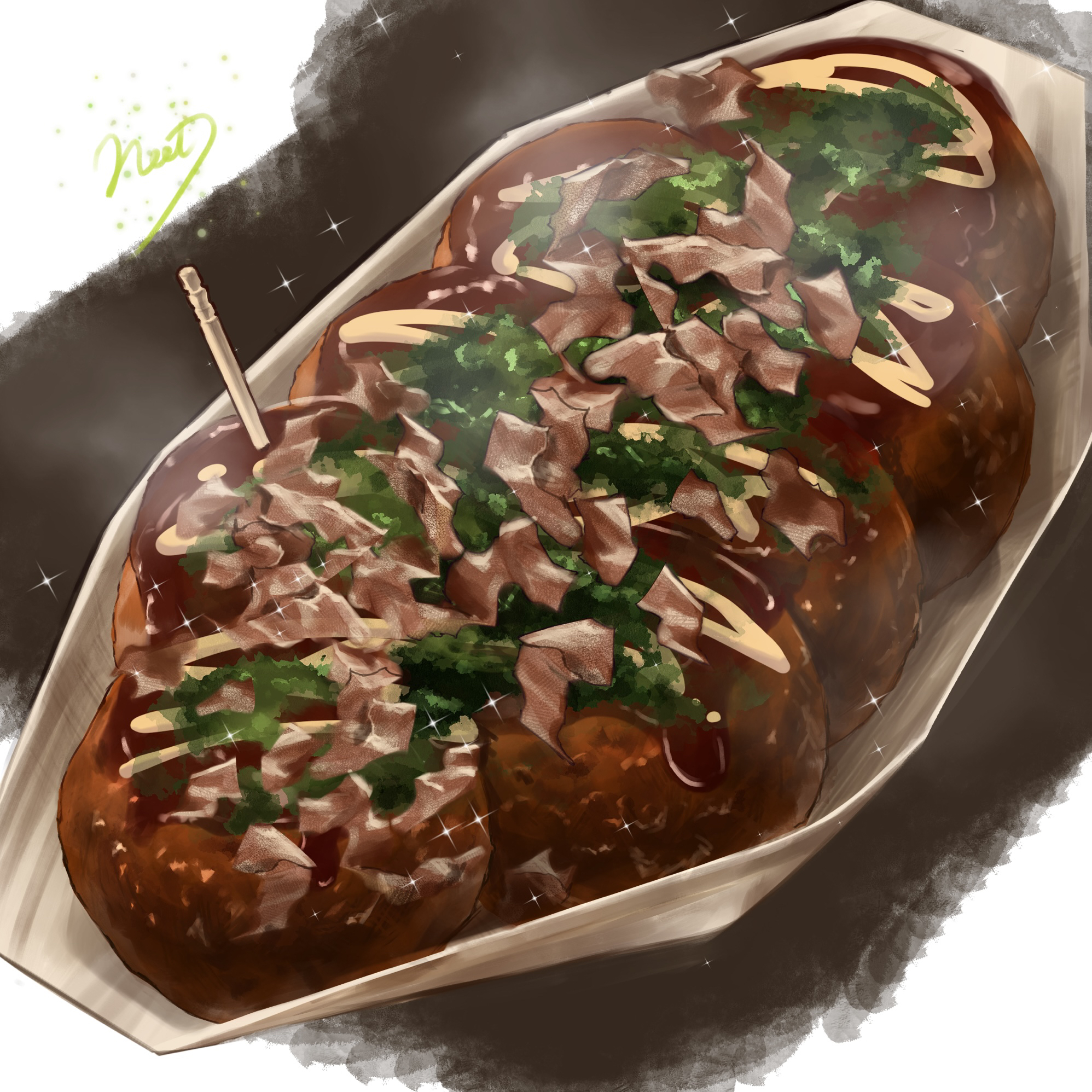 original, commentary request, highres, artist name, bonito flakes, food, food focus, neet job, no humans, sparkle, steaming food, takoyaki, toothpick
