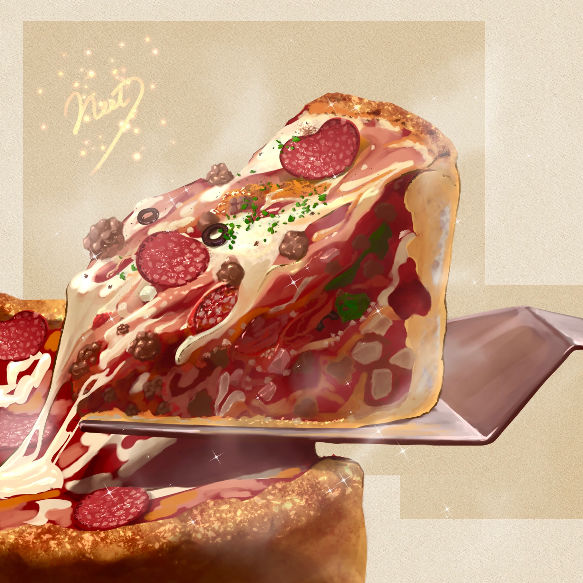 original, commentary request, highres, artist name, cheese, chicago deep dish pizza, food, food focus, meat, neet job, no humans, pepperoni, pizza, sausage, steaming food