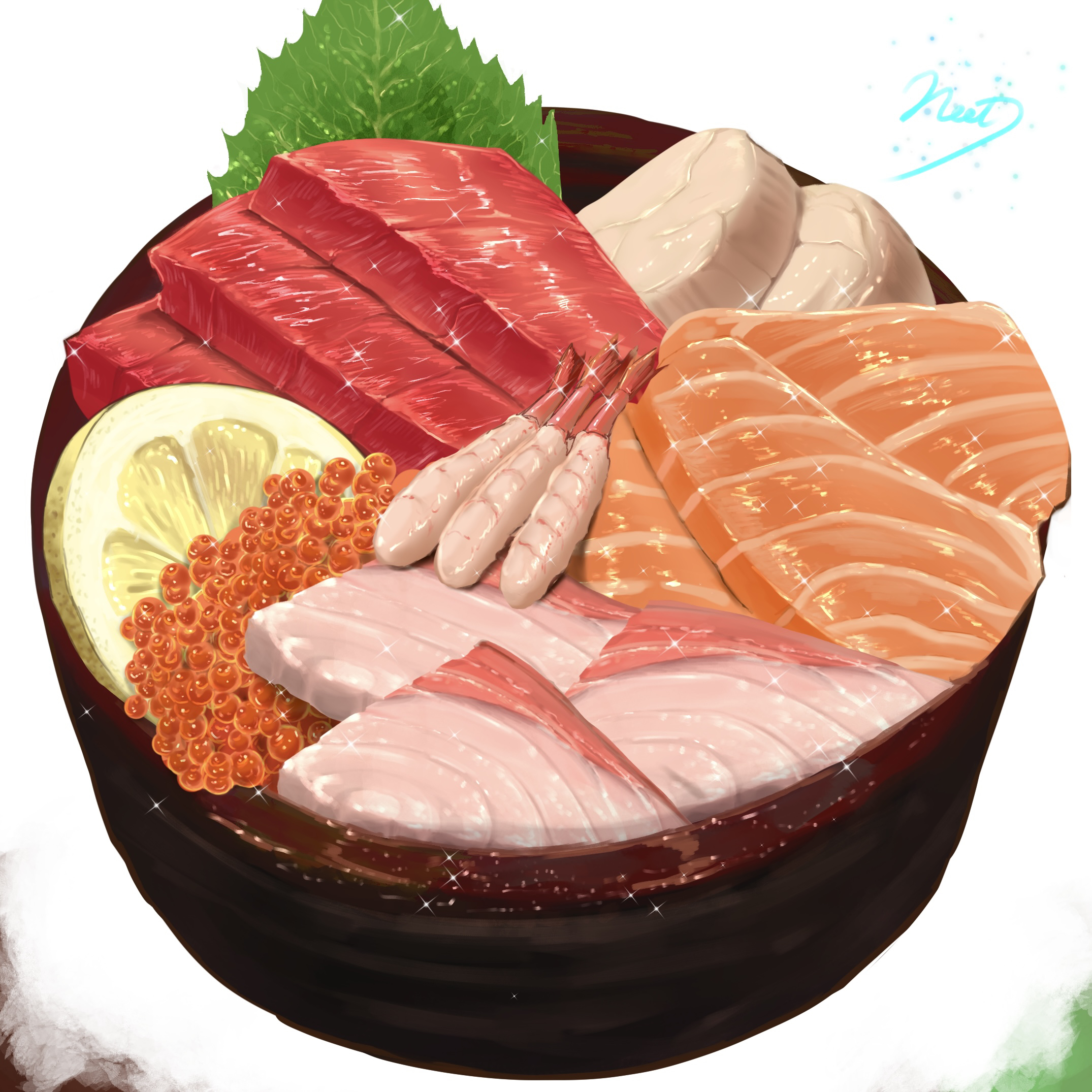 original, commentary request, highres, artist name, bowl, fish (food), food, food focus, fruit, ikura (food), kaisendon, lemon, lemon slice, neet job, no humans, roe, salmon, sashimi, seafood, shiso (plant), shrimp, soy sauce, tuna, white background