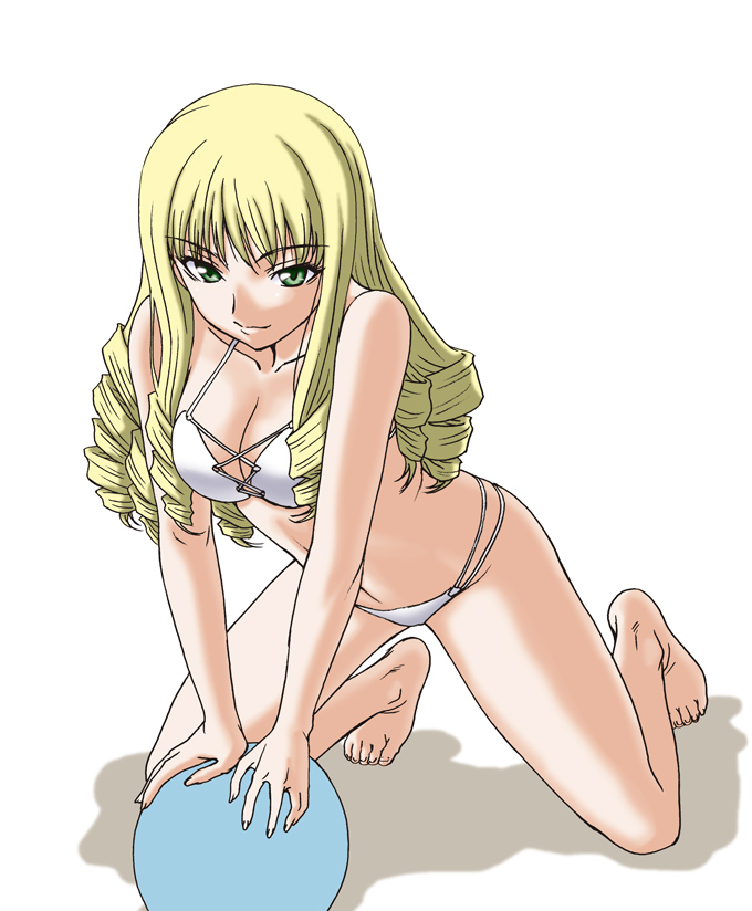 misnon the great, adilisia lenn mathers, rental magica, 00s, 1girl, bad anatomy, bad feet, barefoot, bikini, drill hair, feet, female focus, poorly drawn, solo, swimsuit, white bikini