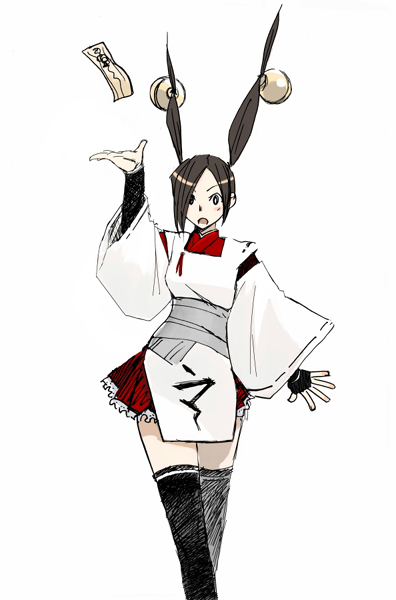 kagura (tenchuu), acquire, fromsoftware, tenchu, tenchuu, 1girl, bell, female focus, hair bell, hair ornament, hair over one eye, japanese clothes, kimono, long hair, ninja, short kimono, solo, thighhighs, twintails, wide sleeves, zettai ryouiki
