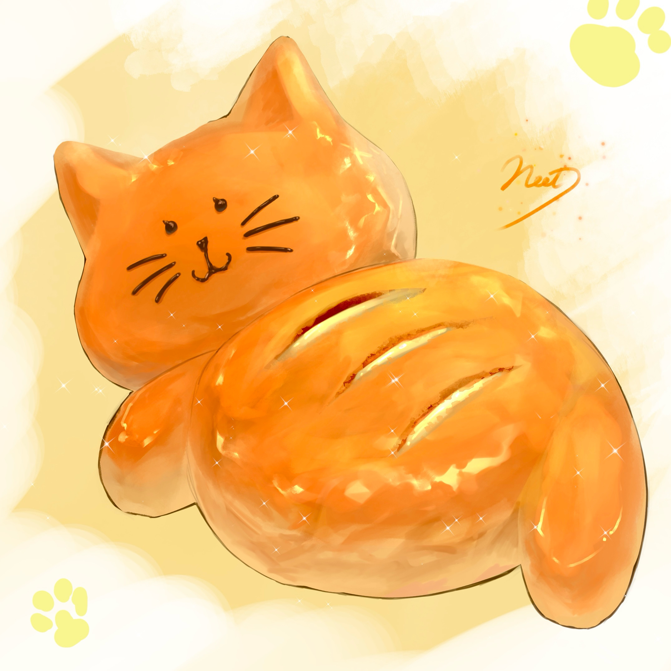 original, commentary request, highres, animal-themed food, artist name, bread, food, food focus, neet job, no humans, paw print, paw print background