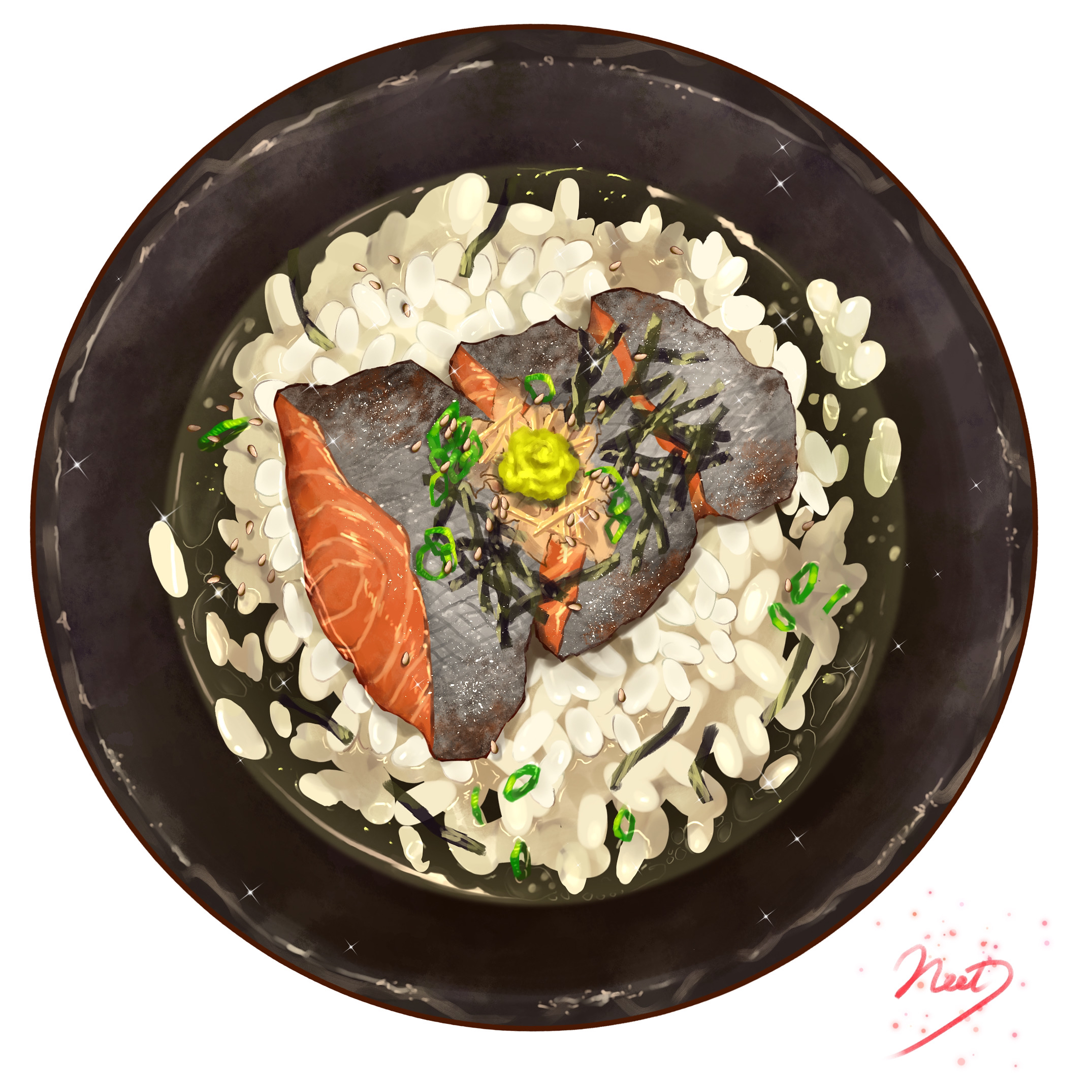 original, commentary request, highres, artist name, bowl, fish (food), food, food focus, green tea, neet job, no humans, ochazuke (food), rice, salmon, simple background, tea, wasabi, white background