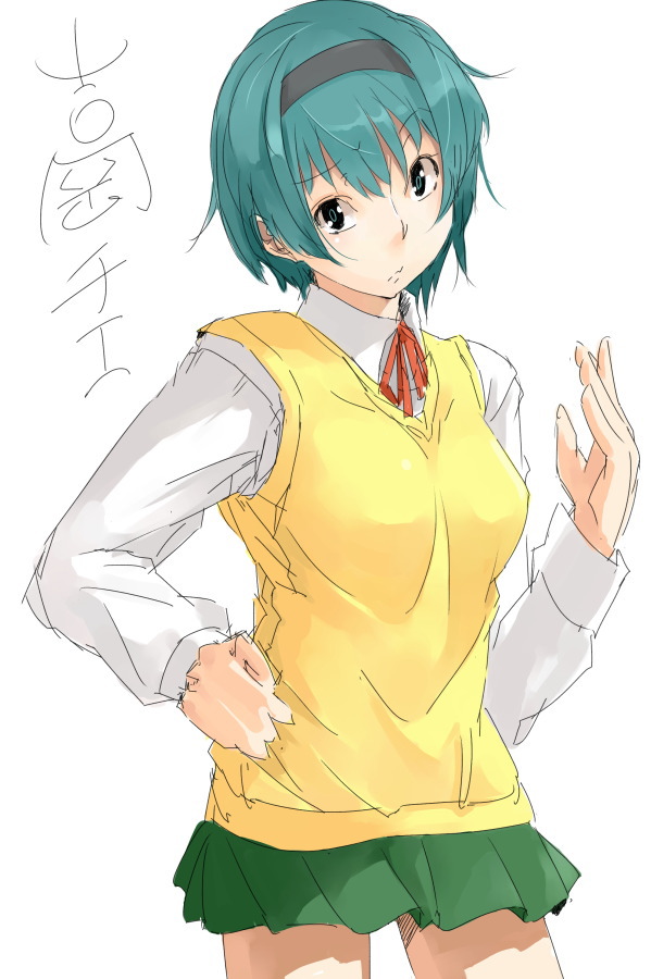 yamamoto enji, yoshioka chie, to heart (series), to heart 2, 00s, blue eyes, blue hair, green hair, hairband, school uniform, serafuku, short hair, sketch, skirt, solo, sweater vest, vest